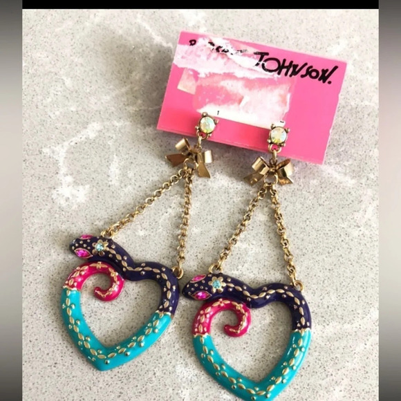 Betsey Johnson Jewelry - BETSEY JOHNSON Vintage Snake Draped in Heart Shape Colorful Dangle Earrings NWT